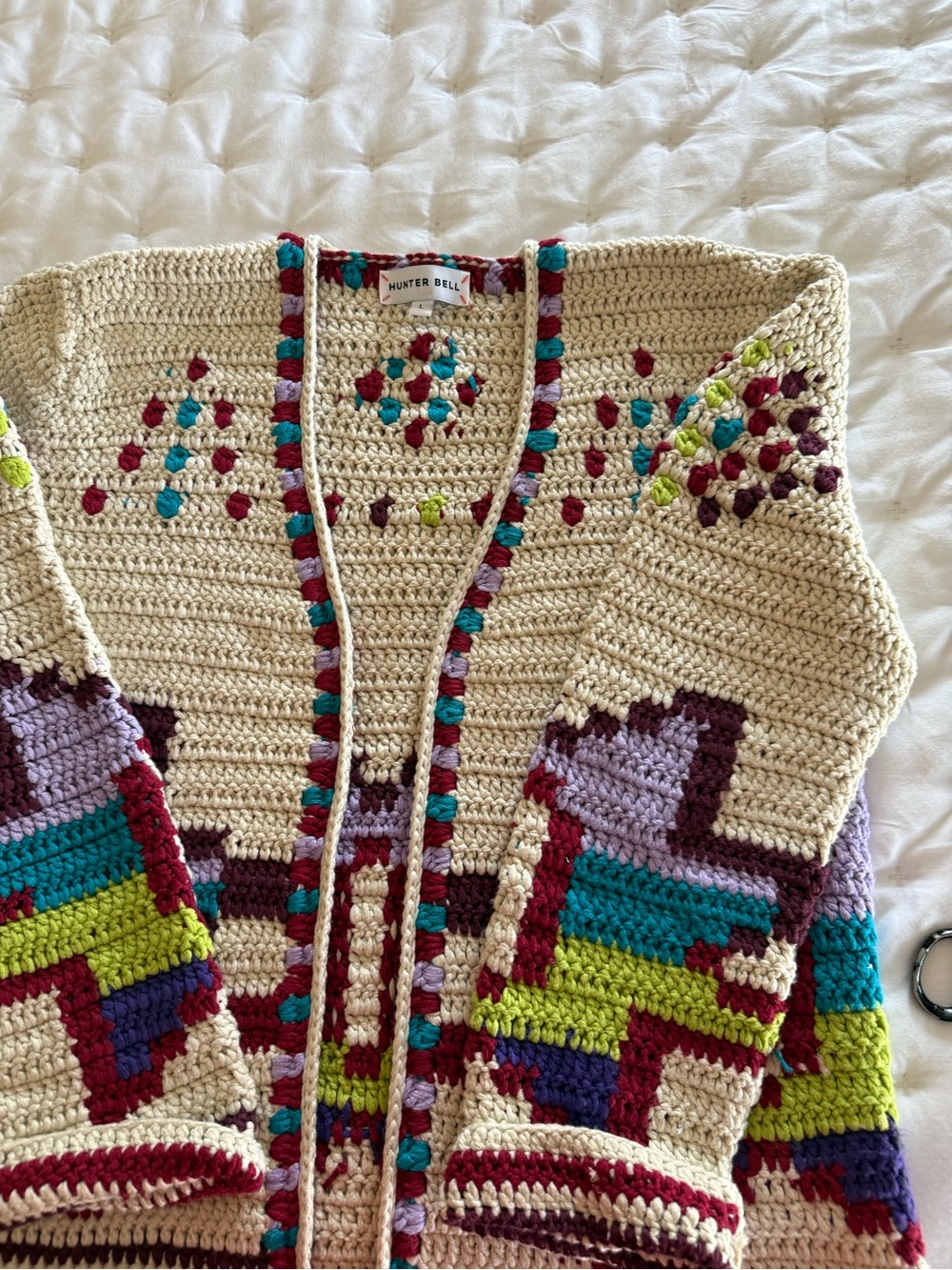 HUNTER BELL Cream Crochet Cardigan with Teal, Lime, Burgundy & Lavender Accents